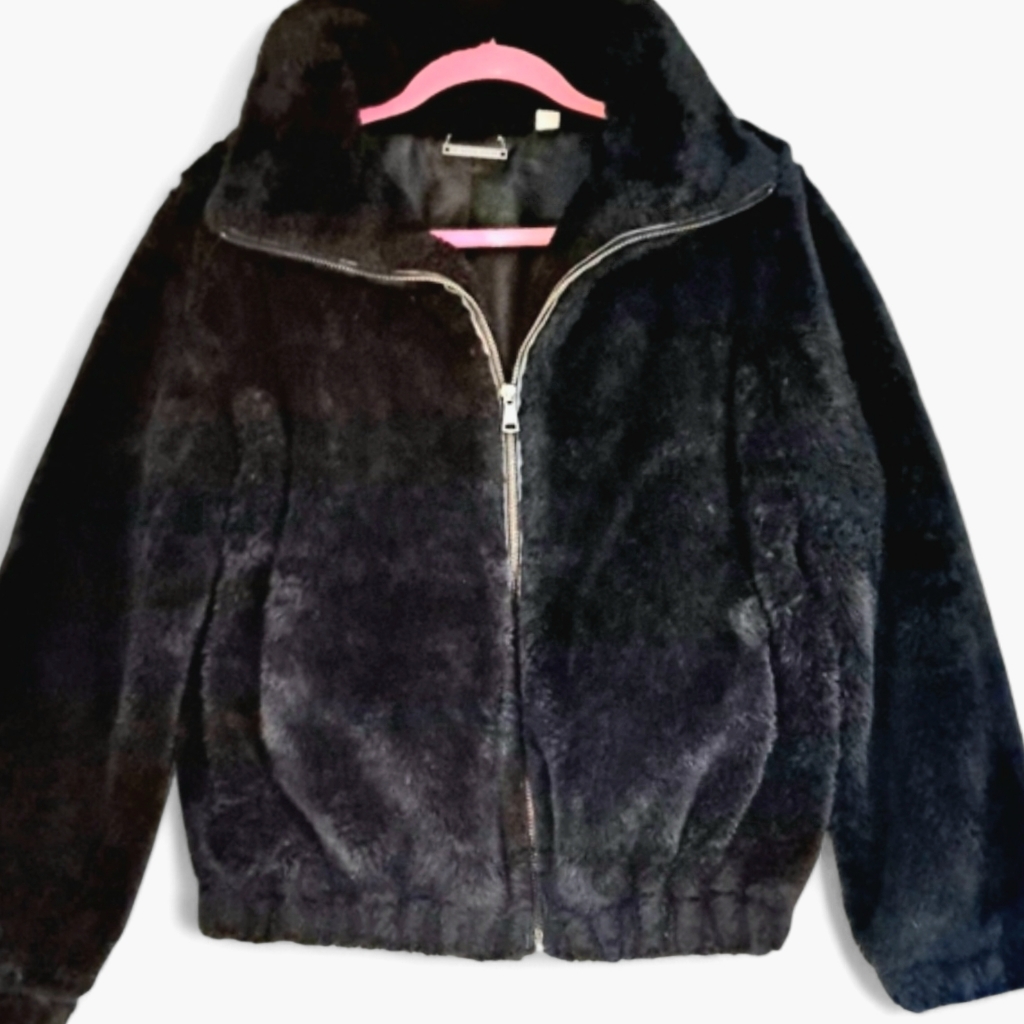 M Magaschoni Faux Fur Black Bomber Jacket Size S/P Euc